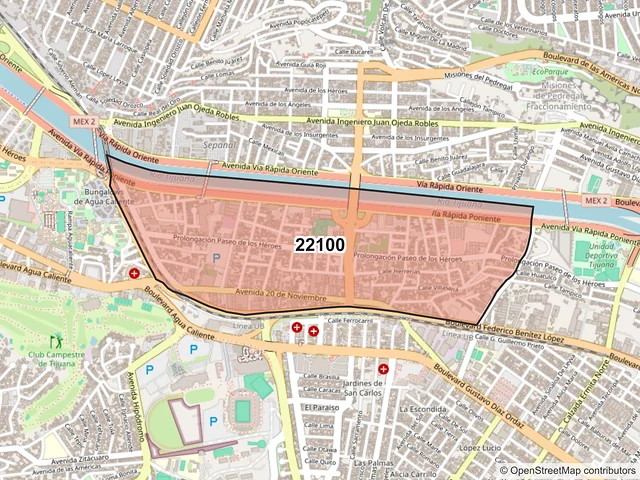 Mapa del código postal 22100, Tijuana, Baja California