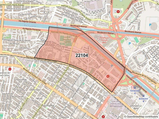Mapa del código postal 22104, Tijuana, Baja California