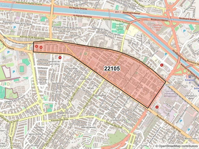 Mapa del código postal 22105, Tijuana, Baja California