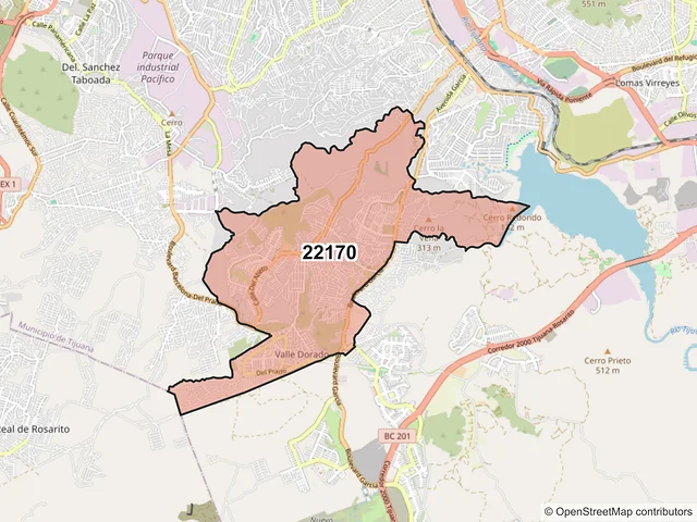Mapa del código postal 22170, Tijuana, Baja California