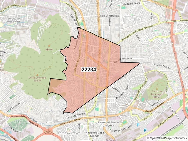 Mapa del código postal 22234, Tijuana, Baja California