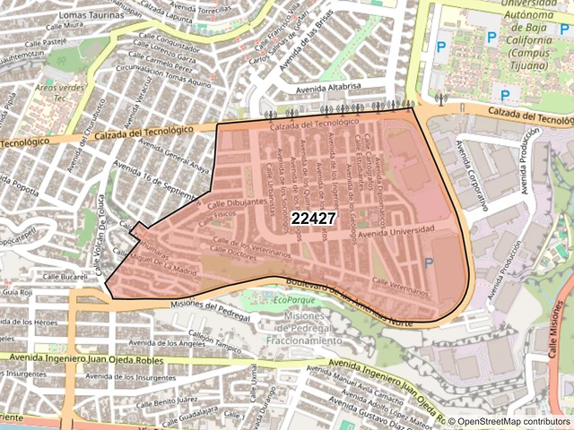 Mapa del código postal 22427, Tijuana, Baja California