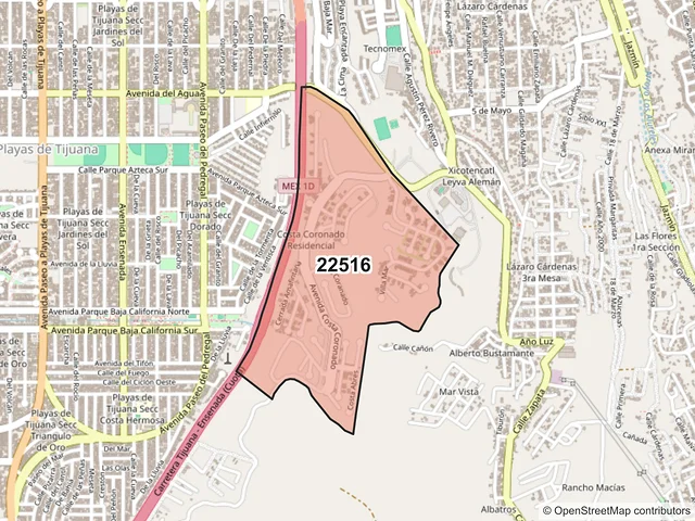 Mapa del código postal 22516, Tijuana, Baja California