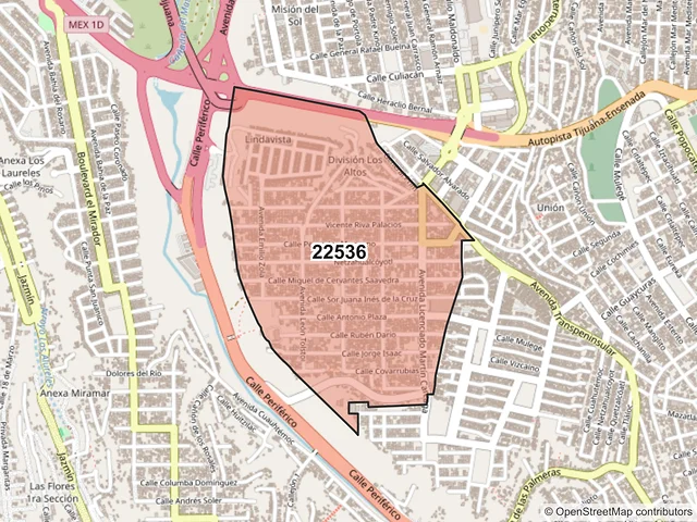 Mapa del código postal 22536, Tijuana, Baja California