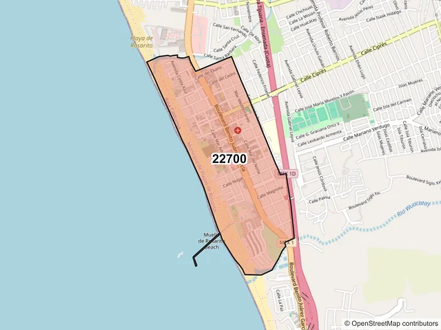 Mapa del código postal 22700, Playas de Rosarito, Baja California