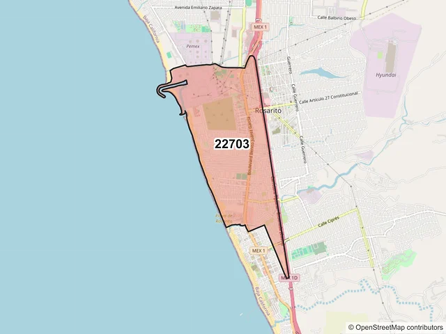 Mapa del código postal 22703, Playas de Rosarito, Baja California