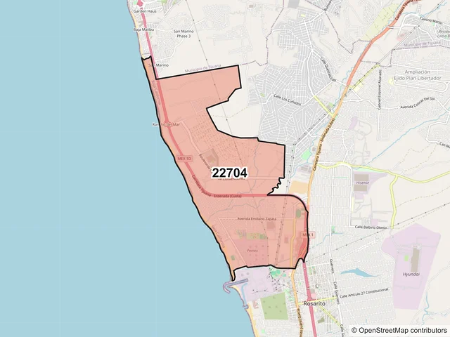 Mapa del código postal 22704, Playas de Rosarito, Baja California