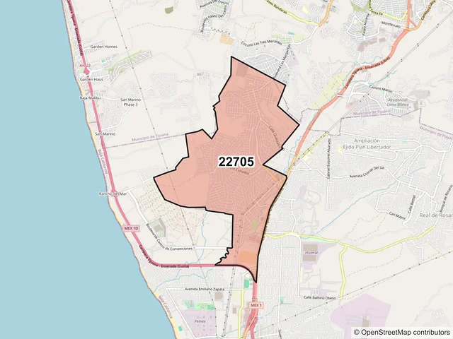 Mapa del código postal 22705, Playas de Rosarito, Baja California