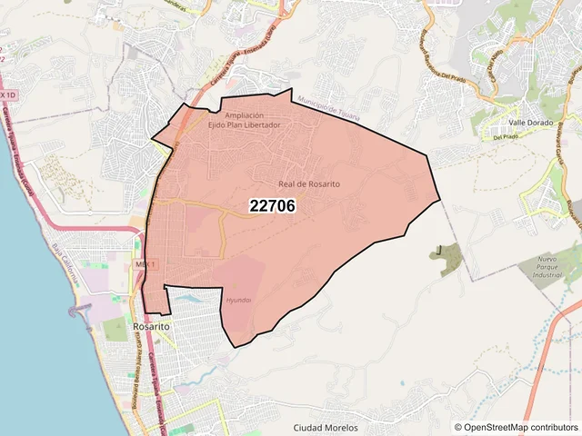 Mapa del código postal 22706, Playas de Rosarito, Baja California