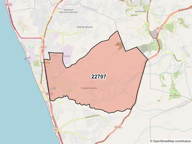 Mapa del código postal 22707, Playas de Rosarito, Baja California