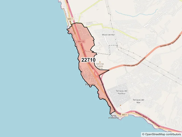 Mapa del código postal 22710, Playas de Rosarito, Baja California