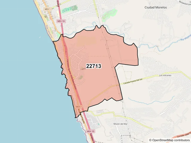 Mapa del código postal 22713, Playas de Rosarito, Baja California