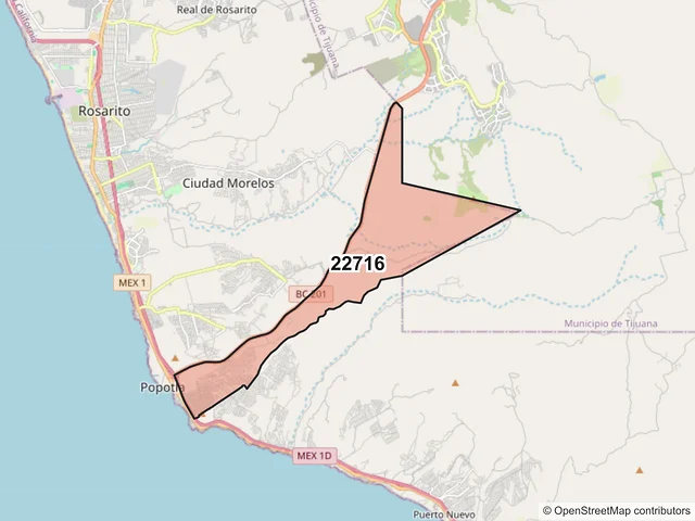 Mapa del código postal 22716, Playas de Rosarito, Baja California