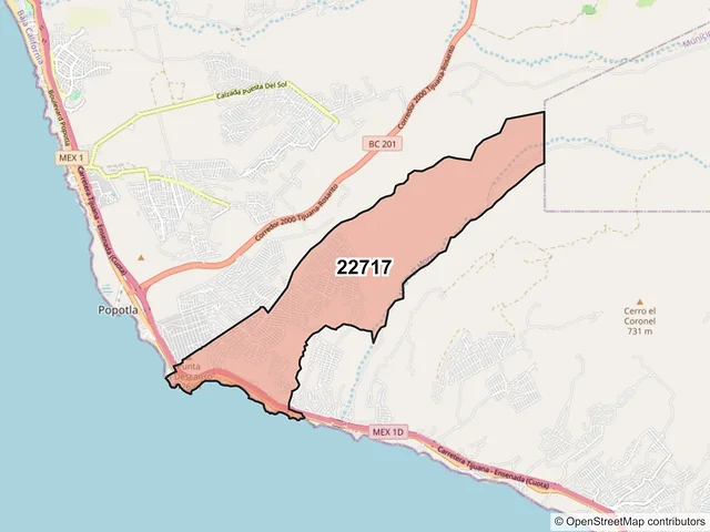 Mapa del código postal 22717, Playas de Rosarito, Baja California