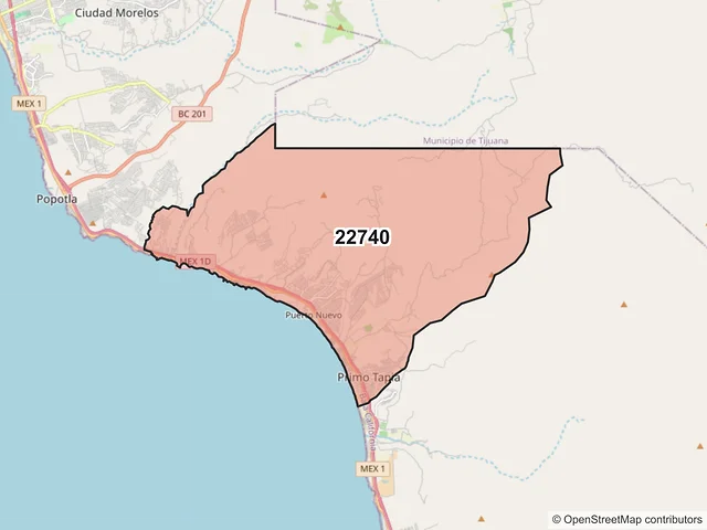 Mapa del código postal 22740, Playas de Rosarito, Baja California