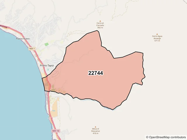 Mapa del código postal 22744, Playas de Rosarito, Baja California
