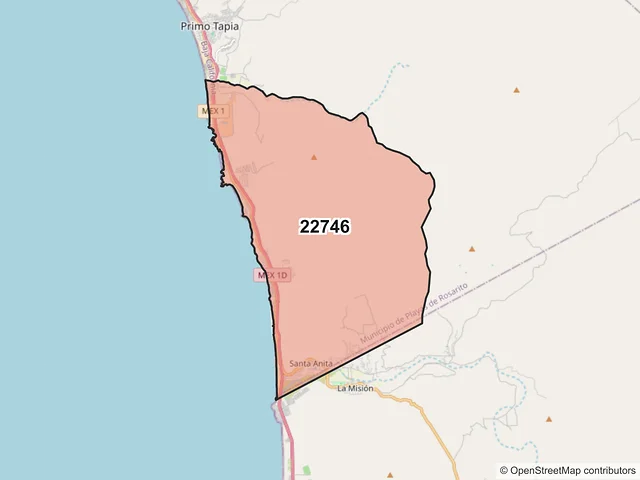 Mapa del código postal 22746, Playas de Rosarito, Baja California