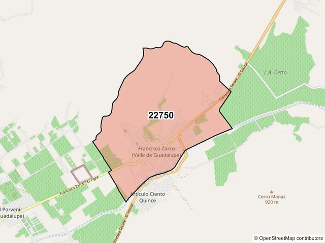 Mapa del código postal 22750, Ensenada, Baja California
