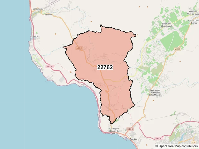 Mapa del código postal 22762, Ensenada, Baja California