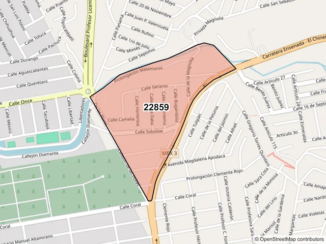 Mapa del código postal 22859, Ensenada, Baja California