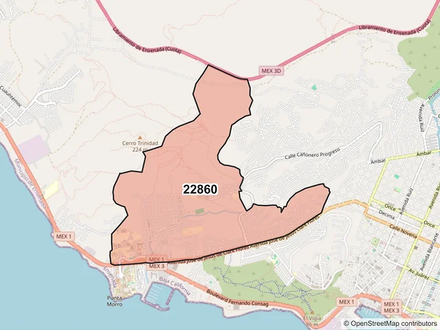 Mapa del código postal 22860, Ensenada, Baja California