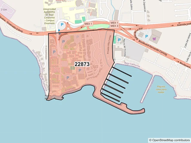 Mapa del código postal 22873, Ensenada, Baja California