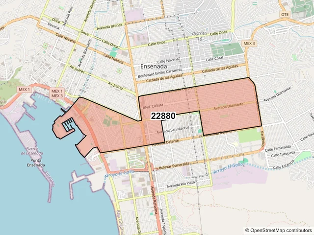 Mapa del código postal 22880, Ensenada, Baja California