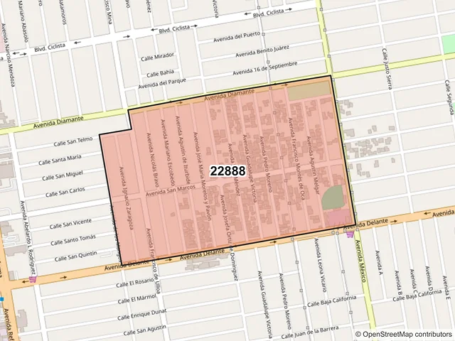 Mapa del código postal 22888, Ensenada, Baja California