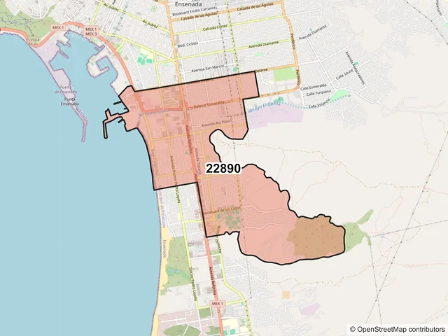 Mapa del código postal 22890, Ensenada, Baja California