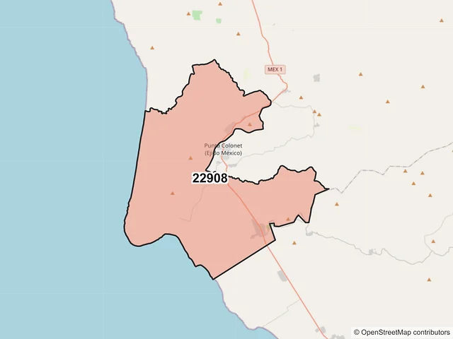 Mapa del código postal 22908, Ensenada, Baja California
