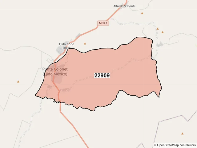 Mapa del código postal 22909, Ensenada, Baja California