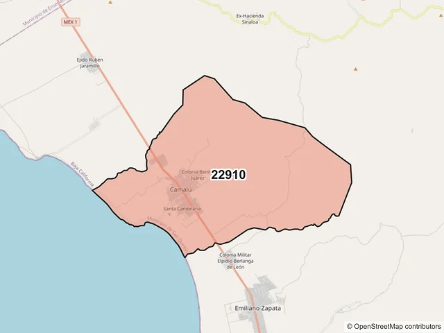 Mapa del código postal 22910, San Quintín, Baja California