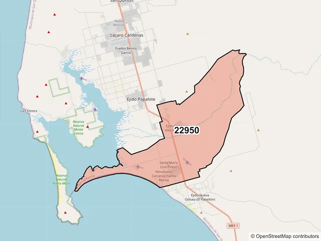 Mapa del código postal 22950, San Quintín, Baja California