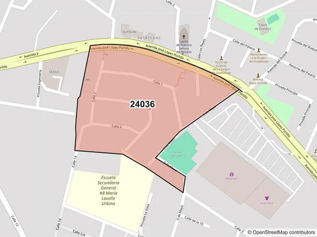 Mapa del código postal 24036, Campeche, Campeche
