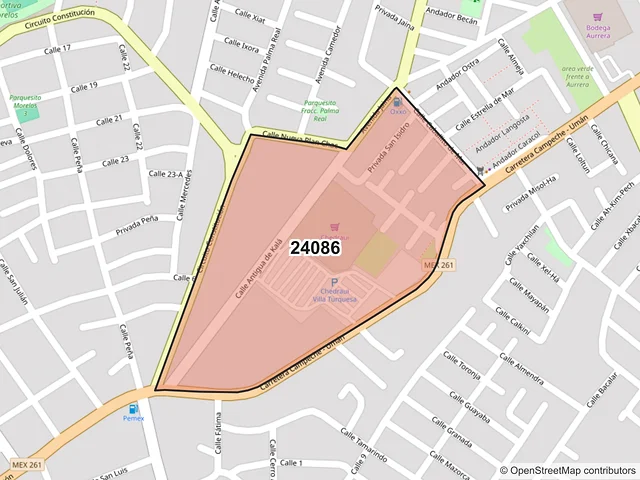Mapa del código postal 24086, Campeche, Campeche