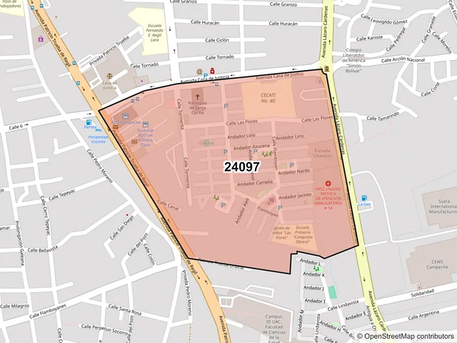 Mapa del código postal 24097, Campeche, Campeche