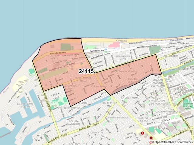 Mapa del código postal 24115, Carmen, Campeche