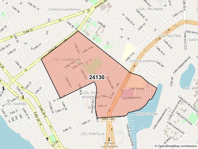 Mapa del código postal 24130, Carmen, Campeche