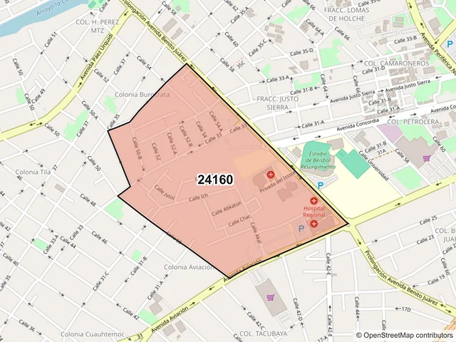 Mapa del código postal 24160, Carmen, Campeche