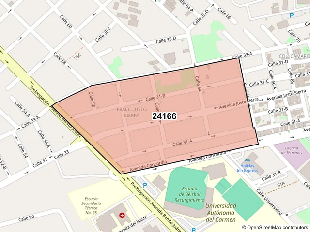 Mapa del código postal 24166, Carmen, Campeche