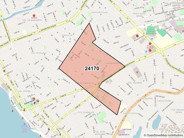 Mapa del código postal 24170, Carmen, Campeche