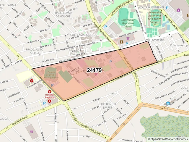 Mapa del código postal 24179, Carmen, Campeche
