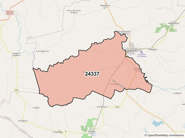 Mapa del código postal 24337, Candelaria, Campeche