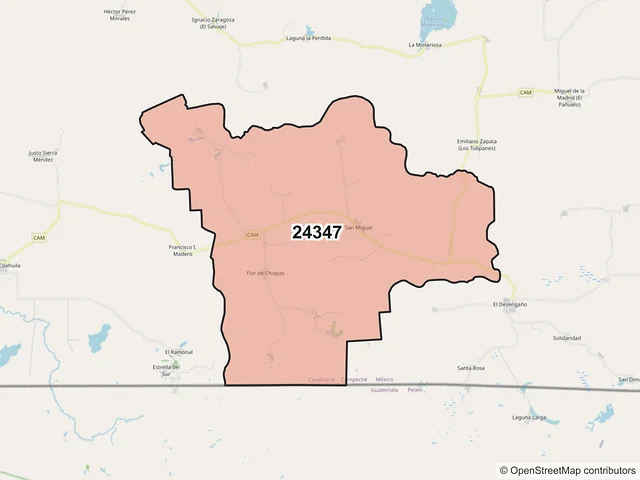 Mapa del código postal 24347, Candelaria, Campeche