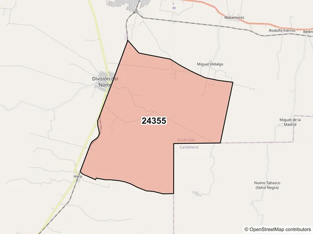 Mapa del código postal 24355, Escárcega, Campeche