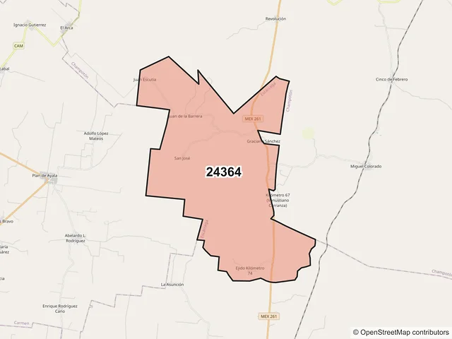 Mapa del código postal 24364, Escárcega, Campeche
