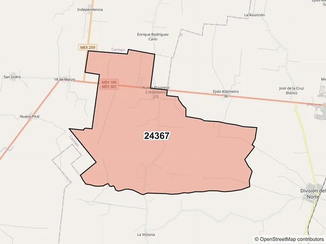 Mapa del código postal 24367, Escárcega, Campeche
