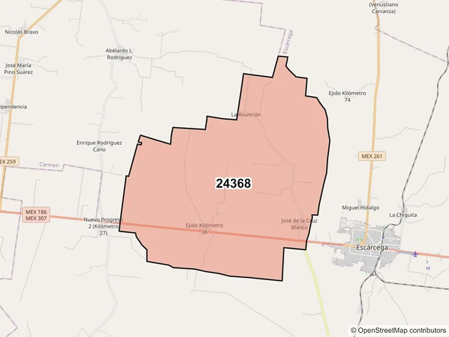 Mapa del código postal 24368, Escárcega, Campeche