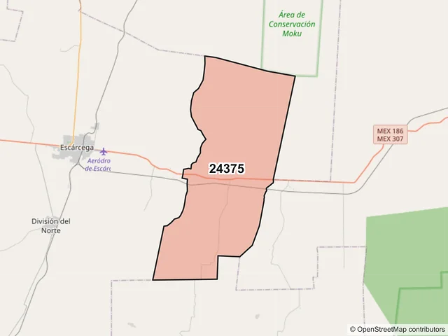 Mapa del código postal 24375, Escárcega, Campeche
