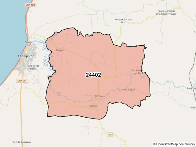 Mapa del código postal 24402, Champotón, Campeche
